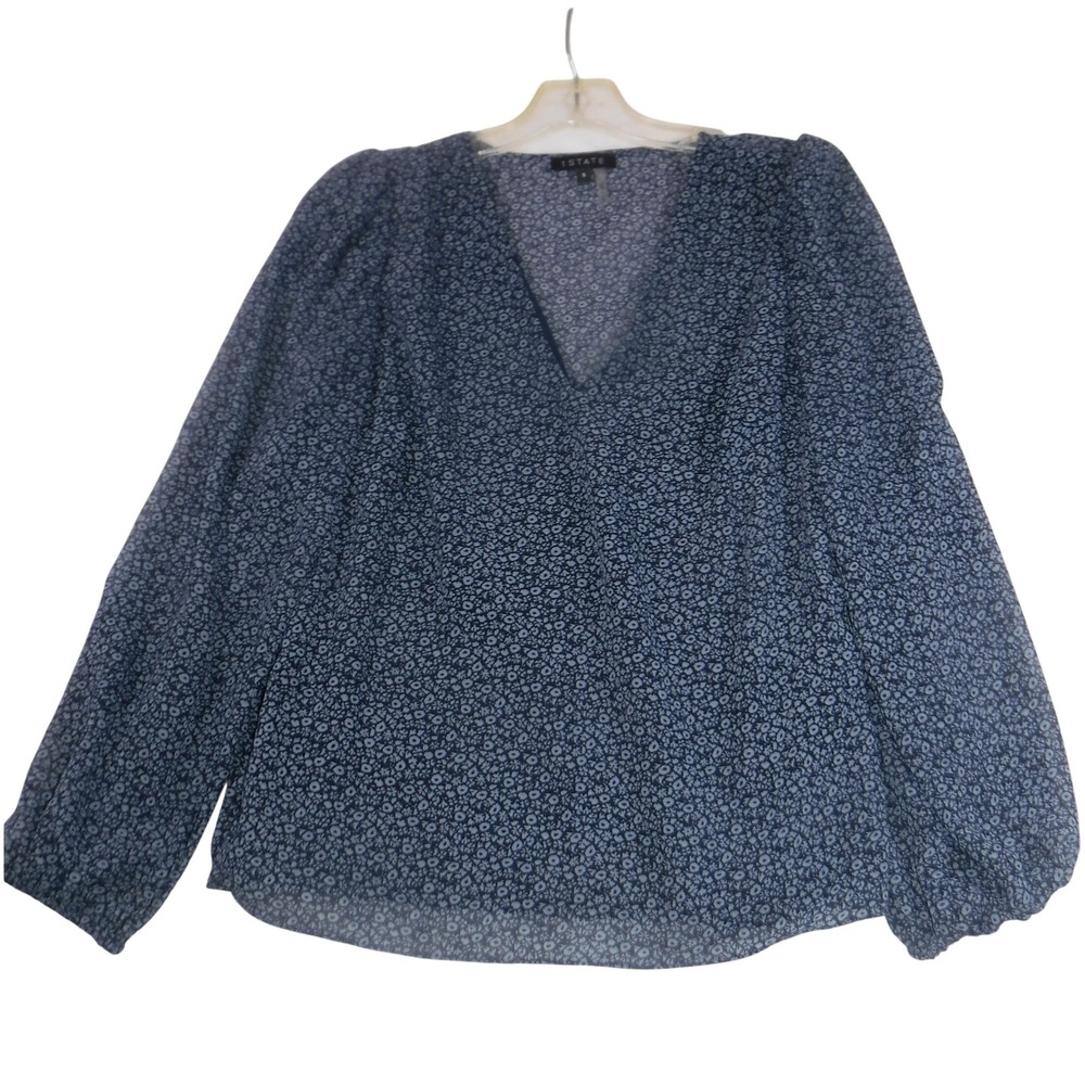 1.STATE Womens Navy Blue Ditsy Floral V-Neck Puff Sleeve Chiffon Blouse Size S‎